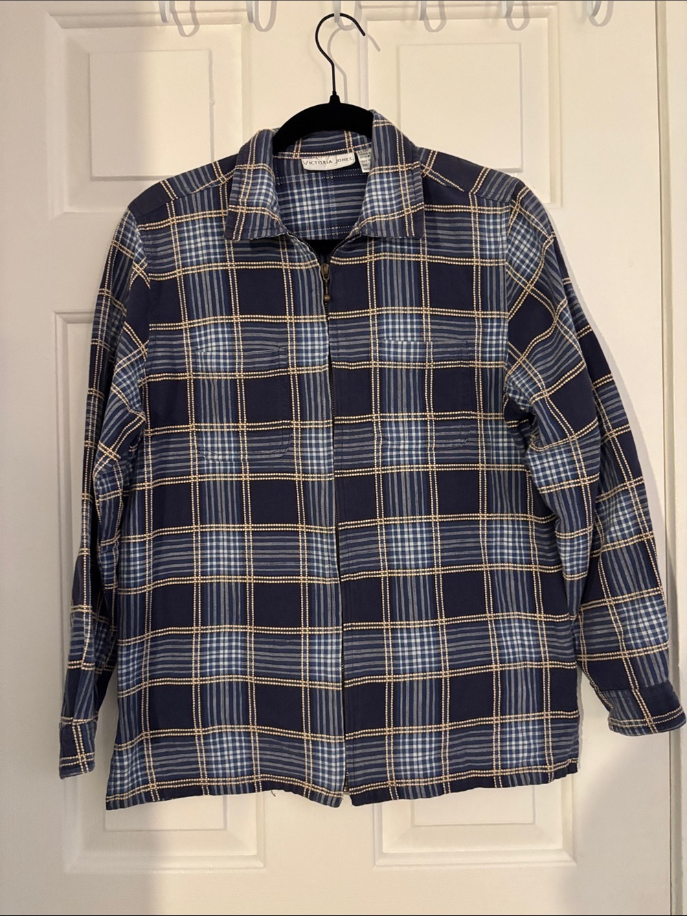Victoria Jones Woman Navy and Light Blue Plaid Button-Down Jacket